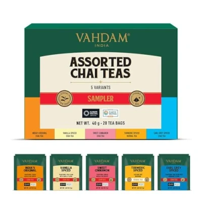 Image of VAHDAM, Assorted Chai Tea Sampler Gift Set (5 Flavors, 20 Count) Gluten Free &amp; Non GMO Indian Masala Blends Long Leaf Bags Variety Pack Gifts for Women Men