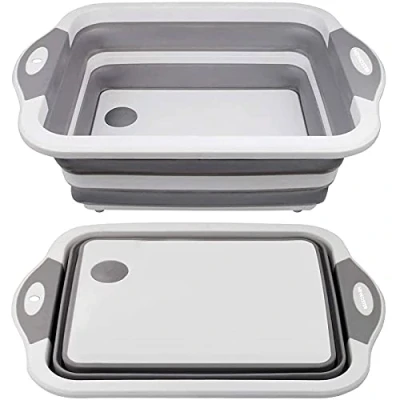 Image of NEWOSTER Collapsible Cutting Board Multifunction Chopping Board, Basin Drainer &amp; Washing Bowl Dish Tub Draining Plug Kitchen Scissors Portable Drain Basket for Camping, Picnic, BBQ (Gray)