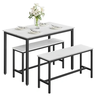 Image of VASAGLE Dining Table with 2 Benches, 3 Piece Set, Kitchen of 70 x 110 75 cm, Benches 30 97 50 cm Each, Steel Frame, Marble White and Ink Black KDT070B59