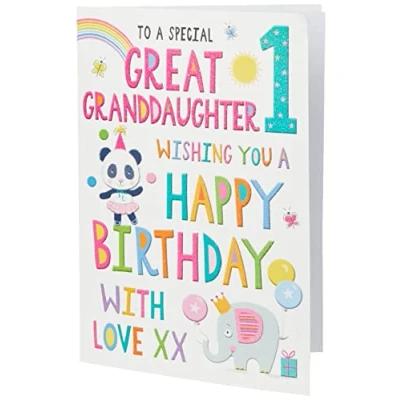 Image of Regal Publishing Juvenile Birthday Card Age 1 Great Granddaughter 9 x 6 inches,yellowwhiteredsilverbluepink