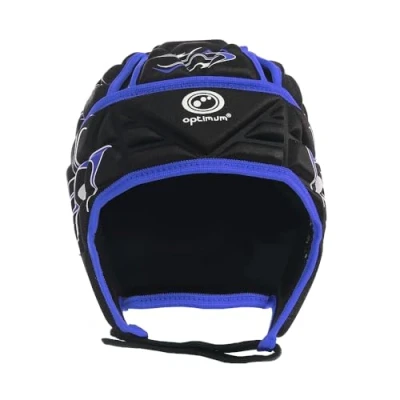Image of Optimum Unisex Junior Inferno Rugby &amp; Football Headguard Scrum Cap Coverage Breathable, Soft Edged, Lightweight Sports Protective Headgear Black/Blue, Medium