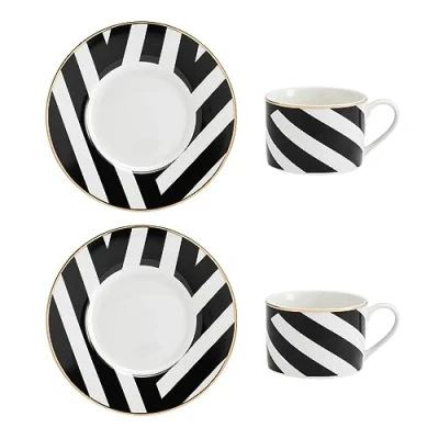 Image of Mikasa Luxe Deco Geometric Stripe Set of 2 200ml Teacups &amp; Saucers