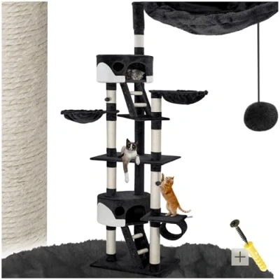 Image of tectake® Multi Level Cat Tree with 2 Cosy Houses, Durable Sisal Scratching Posts, Ladders, Beds, Snug Tunnel &amp; Toy Balls, 260cm Robust Anti Tip Tower for Cats Kittens Black/White