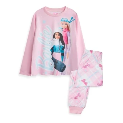 Image of Barbie Girls Pyjama Set Childrens Snow Winter Ski Snowboard Doll Graphic PJs Seasonal Long Sleeve Leg Complete Matching Nightwear Toy Fashion Series Merchandise Gift for Kids Pink