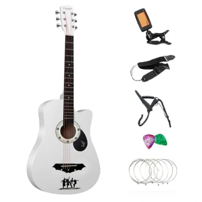 Image of Crystals 38 Classical Acoustic Guitar, Full pack Size 4/4 with Accessories 6 Strings Guitar Stand, Portable Plectrums, Tuner, Bag &amp; Strap (White Only)