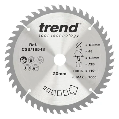 Image of Trend Wood Cordless Circular Saw Blade, 184mm Diameter, 20mm Bore, 48 Teeth, TCT, 2.62mm Kerf, +15 Hook, CSB/18548