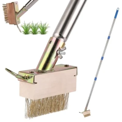 Image of Weed Brush Long Handle for Cleaning Patios, Block Paving and Driveway − Patio Remover Tool with Angled Wire Bristles, 60&quot; Blade Scraper to Remove Weeds Moss Build Up