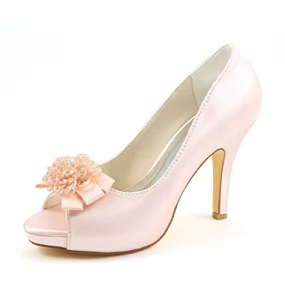 Image of Emily Bridal Women&#039;s Silk Like Satin Stiletto Heel Peep Toe Platform with Crystal (EU39/UK6, Pink)