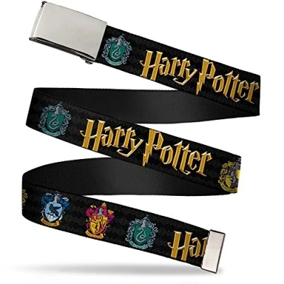 Image of Buckle Down Unisex Adult&#039;s Web Belt 1.25&quot;, Harry Potter Hufflepuff/Ravenclaw/Gryffindor/Slytherin Coat of Arms Black, Wide Fits up to 42&quot; Pant Size