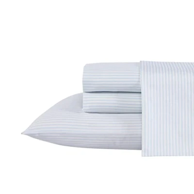 Image of Laura Ashley Home Queen Sheets, Soft Sateen Cotton Bedding Set Sleek, Smooth, &amp; Breathable Decor, Ramona Blue