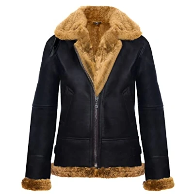 Image of Womens Hooded Sheepskin Jacket B3 Flying Leather RAF Aviator Pilot Brown Ginger S