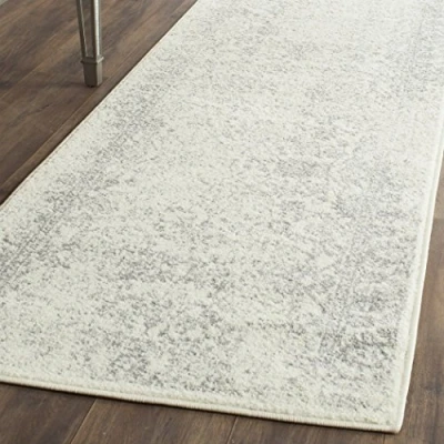 Image of SAFAVIEH Distressed Vintage Rug for Living Room, Dining Bedroom Adirondack Collection, Short Pile, in Ivory and Silver, 76 X 244 cm