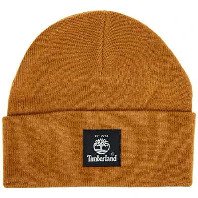 Image of Timberland Men&#039;s Short Watch Cap With Woven Label Cold Weather Hat, Wheat, One Size UK