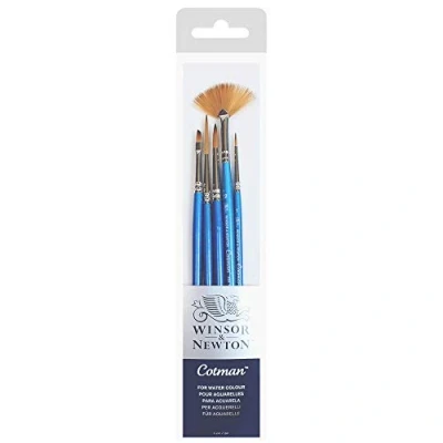 Image of Winsor &amp; Newton, Cotman Watercolour Synthetic Brushes, Short Handle, Pack of 5 (1 and Round, 1 Rigger ,2 Fan, 3mm Angled)