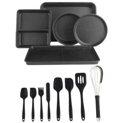 Image of Salter COMBO 8946 Bakes Bakeware &amp; Utensil Set 7 Stackable Non Stick Oven Trays, 8 Silicone Cooking Tools, Baking Tray, Cake Tins, Roasting Tin, Cooling Rack, PFOA Free, Easy Clean, Black