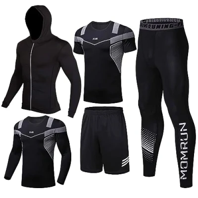 Image of 5Pcs Gym Clothes Men Tracksuit Sets Running Wear Compression Shirts Sleeve Tops Jackets Long Suits Leggings Shorts Sports Activewear for Athletic Workouts 2XL