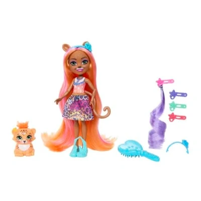 Image of Enchantimals Glam Party Deluxe Hair Doll with Zemirah Zebra, Gillian Giraffe or Charisse Cheetah Super Long and 5 Play Accessories, for Children from 4 Years, HNV30