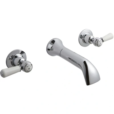 Image of Old London BC309DL Topaz Traditional Bathroom Wall Mounted Bath Spout and Top Taps with Lever Handles Domed Collars, 69mm x 218mm, Chrome/White
