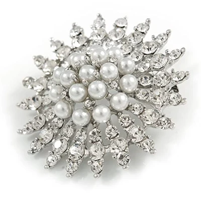 Image of Avalaya Bridal/Prom/Wedding Faux Pearl Crystal Corsage Brooch in Silver Tone 50mm D