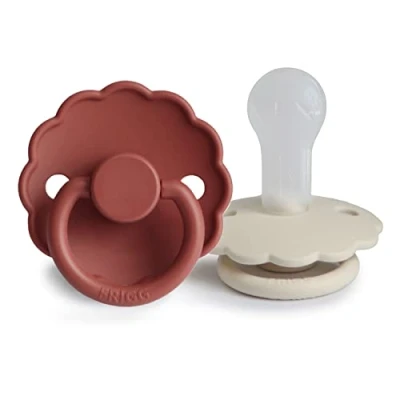 Image of FRIGG Daisy Silicone Pacifier Pack of 2 Soother Dummy BPA Free Made in Denmark Symmetrical Cherry Shaped Nipple (Baked Clay/Cream, Size (6 18 Months))