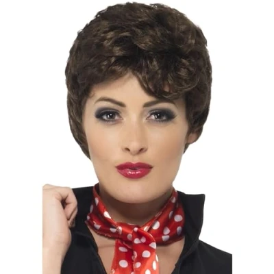 Image of Smiffys Grease Rizzo Wig in Brown for Adults, Short and Curly, Officially Licensed, Iconic Pre Styled, Ideal Matching Group Fancy Dress Outfits Playful Events