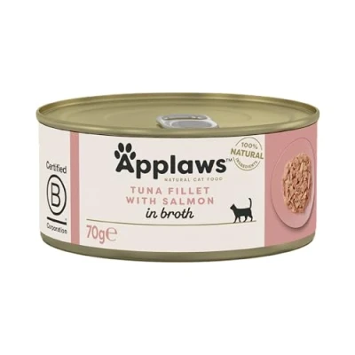 Image of Applaws 100% Natural Wet Cat Food Tin, Tuna Fillet with Salmon in Broth 70 g Tin (Pack of 24)