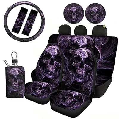 Image of Jeiento Purple Skull Car Seat Cover Protector Full Set 10 pcs Front &amp; Rear SUV Sedan with Steering Wheel + Seatbelt Strap Cover+ Coasters+ Key Chains Universal Fit