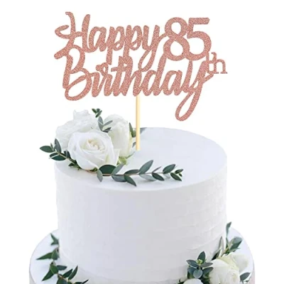 Image of Sumerk Rose Gold Glitter Happy 85th Birthday Cake Topper for Anniversary Party Decorations Pack of 1