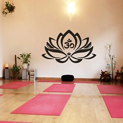 Image of Floral Decor Lotus Flower With Om Sign Yoga Wall Vinyl Mandala Art Sticker(Large,Black)