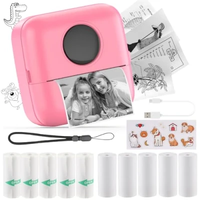 Image of HuiJuKeJi Mini Printer, Portable Printer with Sticker and 10 Rolls of Thermal Paper Self Adhesive Built in 1200mAh Battery Inkless Photo for Android IOS (Rose X5)