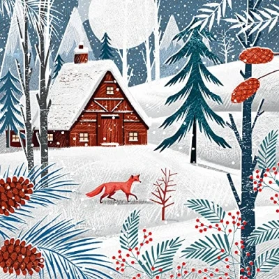 Image of Museums &amp; Galleries Pack of 8 Artistic Charity Christmas Cards Cabin Lovely Illustration a Winter Scene by Jo Parry 1 Design, Multi, 123 x 123mm