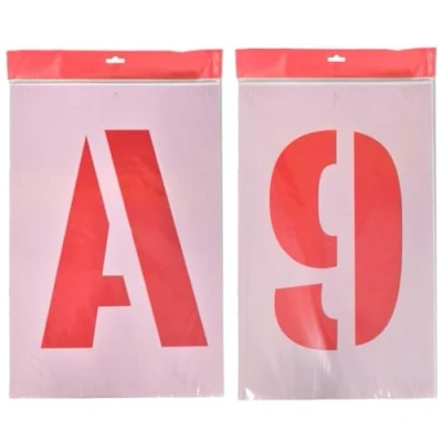 Image of A Z 0 9 Letter &amp; Number Stencil Kit 75mm Character Height Spacer Marks On Corners Flexible Polyester Scratch Resistant