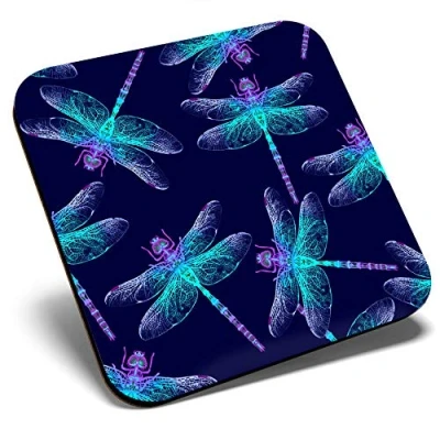 Image of Great Single Coaster Square Magical Neon Dragonfly Pattern Glossy Quality Coasters Tabletop Protection for Any Table Type #21472