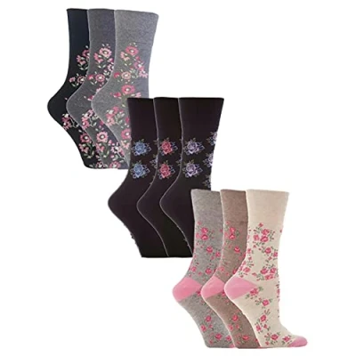 Image of Gentle Grip 9 Pair Multipack Ladies Cotton Crew Non Elastic Socks Womens Soft Top Striped Patterned Binding (4 8, Floral 1)