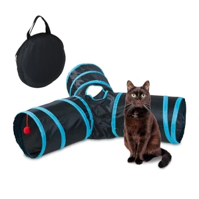 Image of Relaxdays Foldable Cat Tunnel, Pet Toy with Ball, 3 Paths, Interactive Play, Pop up, HxWxD: 25 x 92 85 cm, Black/Blue, Nylon