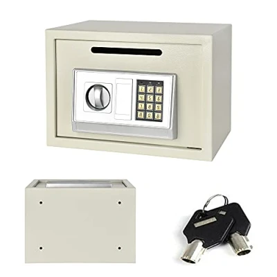 Image of Electronic Safe with Digital Keypad And Emergency Overide key, 16L Safebox For Home, Front Loading Coin Slot Cabinet Safes Furniture Safe, Wall Floor Fixing, 35x25x25cm, White