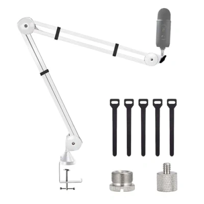 Image of BOMGE BA 02 Microphone Boom Arm Mic Stand Adjustable Clip Studio Suspension Scissor Mount for Blue Snowball, ICE, Yeti,Radio Broadcasting and Game (white),2.75in/7cm
