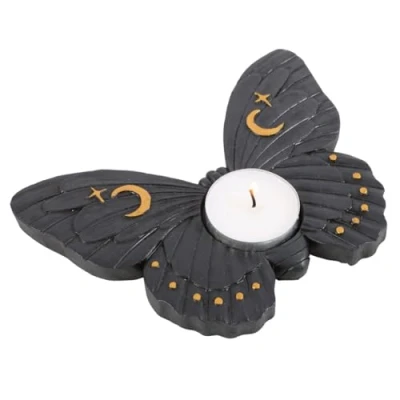 Image of Gothic Metal Moth Tealight Candle Holder Black Decorative Stand, Unique Centrepiece for Elegant Ambiance