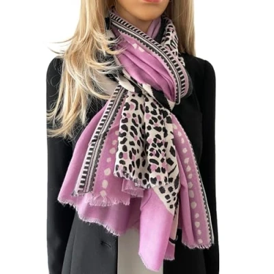 Image of The Accessory Co. Ladies Large Leopard Print Scarf for Women, Animal Scarves, Long Neck Scarf, Designer Shawl Wrap Tiger Zebra, Mustard Yellow Green Pink (Mauve)