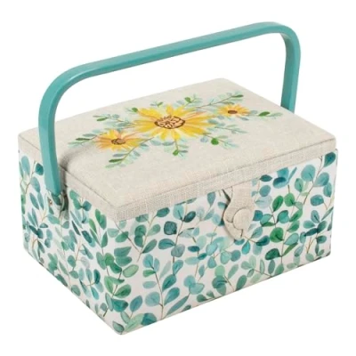 Image of Hobby Gift Exclusive Medium Sewing Craft Storage Box, Accessories Tray Pin Cushion Pocket PVC Handle Embroidered Lid, Eucalyptus, (L/W/H) 25.5 x 18.5 14.5cm