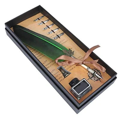 Image of Hztyyier Quill Feather Pen Caligraphy Set Adults Writing for Holidays, Christmas, Birthdays Gifts with 5 Nibs in Gift Box(Green)