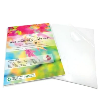 Image of Evergreen Goods Ltd 20 Sheets A4 Transparent Glossy Vinyl Stickers Label Self Adhesive Clear Inkjet Printable Sticker Paper Ideal Printing for Creating Signs, Product Labels, and