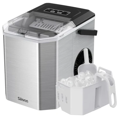 Image of Silonn Ice Maker Countertop, Portable Machine with Carry Handle, Self Cleaning Cube Makers Basket and Scoop, 9 Cubes in 6 Mins, 12 KG per Day, Ideal for Home, Kitchen, Camping, RV