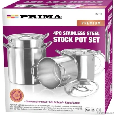 Image of 4PC Large Stainless Steel Catering DEEP Stock Soup Boiling Pot Set: Perfect for Professional Kitchen and Home Cooking