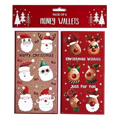 Image of Partisan Christmas Xmas Money Cash Gift Wallets &amp; Envelopes, Santa Rudolph Designs Pack of 4