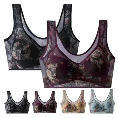 Image of GOOEIC Ellebloom Ice Silk Lace Cooling Comfort Bra, Bra for Older Women (Black+Purple,6L)