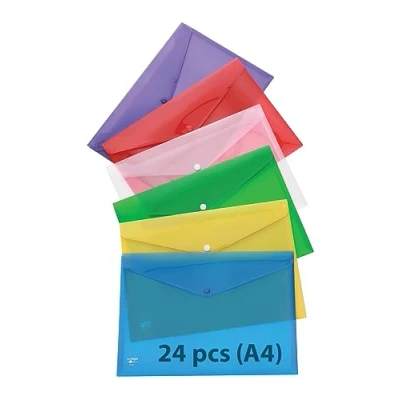 Image of Eastlight A4 Plastic Popper Wallet,Transparent Assorted Colours Pack of 24
