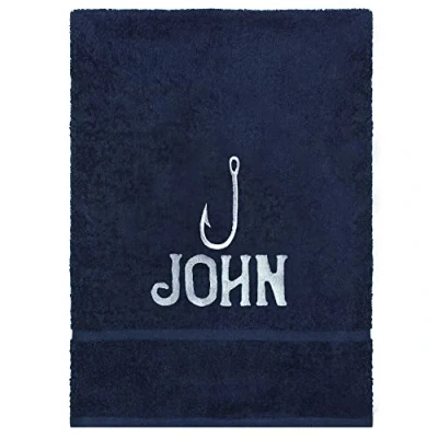 Image of TeddyTs Personalised Fishing Gift Towel with Embroidered Name (Navy Blue)