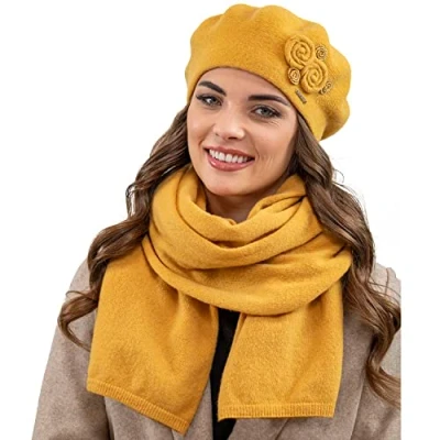 Image of Vivisence Elegant Winter Set For Women Classic Wool Beret With Floral Decoration Suitable Both And Sporty Outfits Ideal Autumn Days, Honey,UNI