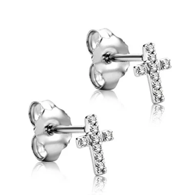 Image of Orovi Woman Studs Cross Earrings 9 ct / 375 White Gold with Diamonds Brilliant Cut 0.04
